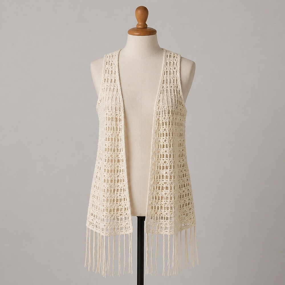 Sleeveless Cardigan Vest Size M Open Knit Crochet Fringe Cream Cottagecore Boho - Picture 1 of 6
